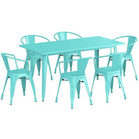 Lancaster Table & Seating Alloy Series 63" x 32" Seafoam Standard Height Outdoor Table with 6 Arm Chairs