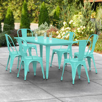 Lancaster Table & Seating Alloy Series 63 inch x 32 inch Seafoam Dining Height Outdoor Table with 6 Industrial Cafe Chairs
