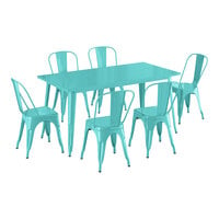 Lancaster Table & Seating Alloy Series 63" x 31 1/2" Aquamarine Standard Height Outdoor Table with 6 Cafe Chairs