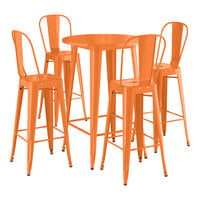 Lancaster Table & Seating Alloy Series 30" Round Orange Bar Height Outdoor Table with 4 Cafe Barstools