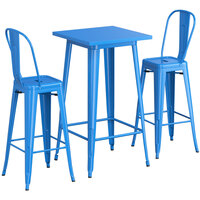 Lancaster Table & Seating Alloy Series 23 1/2" x 23 1/2" Blue Bar Height Outdoor Table with 2 Cafe Barstools
