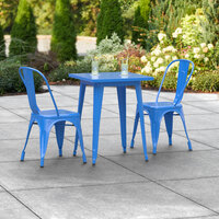 Lancaster Table & Seating Alloy Series 24 inch x 24 inch Blue Dining Height Outdoor Table with 2 Industrial Cafe Chairs