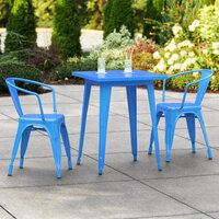Lancaster Table & Seating Alloy Series 24 inch x 24 inch Blue Dining Height Outdoor Table with 2 Arm Chairs