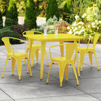 Lancaster Table & Seating Alloy Series 36 inch x 36 inch Yellow Dining Height Outdoor Table with 4 Arm Chairs