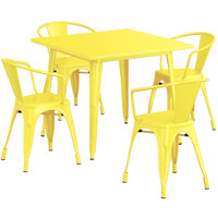 Lancaster Table & Seating Alloy Series 35 1/2" x 35 1/2" Yellow Standard Height Outdoor Table with 4 Arm Chairs
