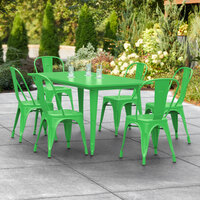 Lancaster Table & Seating Alloy Series 63 inch x 32 inch Green Dining Height Outdoor Table with 6 Industrial Cafe Chairs