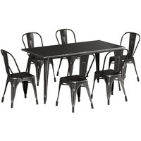 Lancaster Table & Seating Alloy Series 63 inch x 32 inch Distressed Black Dining Height Outdoor Table with 6 Industrial Cafe Chairs