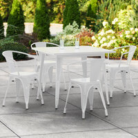 Lancaster Table & Seating Alloy Series 36 inch x 36 inch White Dining Height Outdoor Table with 4 Arm Chairs