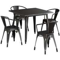 Lancaster Table & Seating Alloy Series 36 inch x 36 inch Distressed Black Dining Height Outdoor Table with 4 Arm Chairs