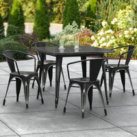Lancaster Table & Seating Alloy Series 36 inch x 36 inch Distressed Black Dining Height Outdoor Table with 4 Arm Chairs