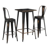Lancaster Table & Seating Alloy Series 23 1/2" x 23 1/2" Distressed Copper Bar Height Outdoor Table with 2 Cafe Barstools