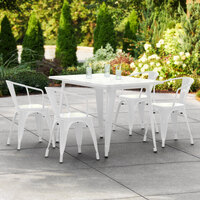 Lancaster Table & Seating Alloy Series 48 inch x 30 inch White Dining Height Outdoor Table with 4 Arm Chairs
