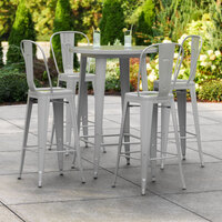 Lancaster Table & Seating Alloy Series 30 inch Round Silver Outdoor Bar Height Table with 4 Metal Cafe Bar Stools