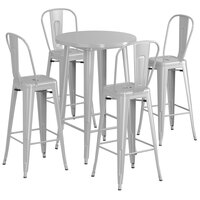 Lancaster Table & Seating Alloy Series 30" Round Silver Bar Height Outdoor Table with 4 Cafe Barstools