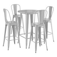 Lancaster Table & Seating Alloy Series 30" Round Silver Bar Height Outdoor Table with 4 Cafe Barstools