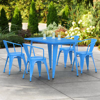 Lancaster Table & Seating Alloy Series 48 inch x 30 inch Blue Dining Height Outdoor Table with 4 Arm Chairs
