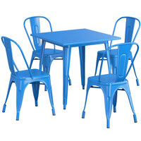Lancaster Table & Seating Alloy Series 32 inch x 32 inch Blue Dining Height Outdoor Table with 4 Industrial Cafe Chairs