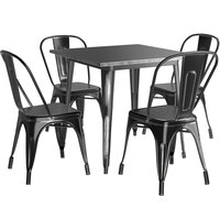 Lancaster Table & Seating Alloy Series 32 inch x 32 inch Square Distressed Black Dining Height Outdoor Table with 4 Industrial Cafe Chairs