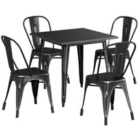 Lancaster Table & Seating Alloy Series 32" x 32" Square Distressed Black Dining Height Outdoor Table with 4 Industrial Cafe Chairs
