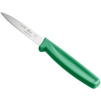 Choice 3 1/4 inch Serrated Edge Paring Knife with Green Handle