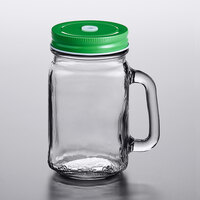 Acopa Rustic Charm 16 oz. Drinking Jar with Handle and Green Metal Lid with Straw Hole - 12/Case