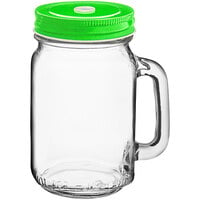 Acopa Rustic Charm 16 oz. Drinking Jar with Handle and Green Metal Lid with Straw Hole - 12/Case