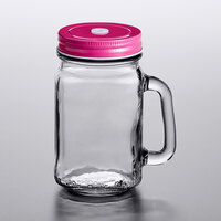 Acopa Rustic Charm 16 oz. Drinking Jar with Handle and Pink Metal Lid with Straw Hole - 12/Case