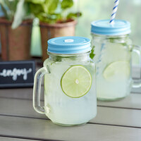 Acopa Rustic Charm 16 oz. Drinking Jar with Handle and Light Blue Metal Lid with Straw Hole - 12/Case