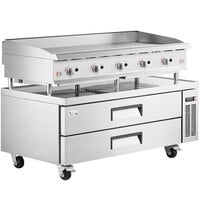 Cooking Performance Group G60-NG(CPG) 60 inch Gas Countertop Griddle with Manual Controls and 60 inch, 2 Drawer Refrigerated Chef Base - 150,000 BTU