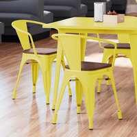 Lancaster Table & Seating Alloy Series Yellow Metal Indoor Industrial Cafe Arm Chair with Vertical Slat Back and Walnut Wood Seat