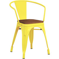 Lancaster Table & Seating Alloy Series Yellow Metal Indoor Industrial Cafe Arm Chair with Vertical Slat Back and Walnut Wood Seat