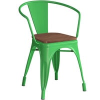 Lancaster Table & Seating Alloy Series Green Metal Indoor Industrial Cafe Arm Chair with Vertical Slat Back and Walnut Wood Seat