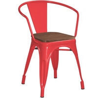 Lancaster Table & Seating Alloy Series Red Metal Indoor Industrial Cafe Arm Chair with Vertical Slat Back and Walnut Wood Seat