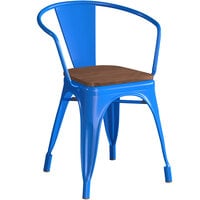 Lancaster Table & Seating Alloy Series Blue Metal Indoor Industrial Cafe Arm Chair with Vertical Slat Back and Walnut Wood Seat