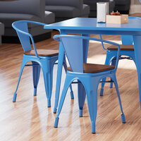 Lancaster Table & Seating Alloy Series Blue Metal Indoor Industrial Cafe Arm Chair with Vertical Slat Back and Walnut Wood Seat