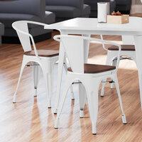 Lancaster Table & Seating Alloy Series White Metal Indoor Industrial Cafe Arm Chair with Vertical Slat Back and Walnut Wood Seat