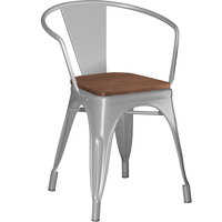 Lancaster Table & Seating Alloy Series Silver Metal Indoor Industrial Cafe Arm Chair with Vertical Slat Back and Walnut Wood Seat