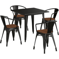 Lancaster Table & Seating Alloy Series 32 inch x 32 inch Black Dining Height Table with 4 Arm Chairs and Walnut Wooden Seats