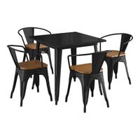 Lancaster Table & Seating Alloy Series 32" x 32" Onyx Black Standard Height Indoor Table and 4 Arm Chairs with Walnut Wood Seats