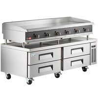 Cooking Performance Group 72L Ultra Series 72" Chrome Plated Liquid Propane 6-Burner Countertop Griddle and 72", 4 Drawer Refrigerated Base - 180,000 BTU