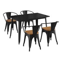 Lancaster Table & Seating Alloy Series 30 inch x 48 inch Onyx Black Standard Height Indoor Table and 4 Arm Chairs with Walnut Wood Seats