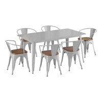 Lancaster Table & Seating Alloy Series 32" x 63" Silver Standard Height Indoor Table and 6 Arm Chairs with Walnut Wood Seats