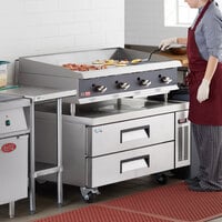 Cooking Performance Group 48L Ultra Series 48 inch Chrome Plated Liquid Propane 4-Burner Countertop Griddle and 48 inch, 2 Drawer Refrigerated Base - 120,000 BTU