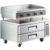 Cooking Performance Group 48L Ultra Series 48" Chrome Plated Liquid Propane 4-Burner Countertop Griddle and 48", 2 Drawer Refrigerated Base - 120,000 BTU