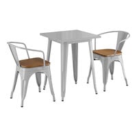 Lancaster Table & Seating Alloy Series 24" x 24" Silver Standard Height Indoor Table and 2 Arm Chairs with Walnut Wood Seats
