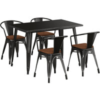 Lancaster Table & Seating Alloy Series 30" x 48" Distressed Black Standard Height Indoor Table and 4 Arm Chairs with Walnut Wood Seats