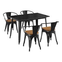 Lancaster Table & Seating Alloy Series 30" x 48" Distressed Onyx Black Standard Height Indoor Table and 4 Arm Chairs with Walnut Wood Seats