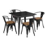 Lancaster Table & Seating Alloy Series 36" x 36" Distressed Black Standard Height Indoor Table and 4 Arm Chairs with Walnut Wood Seats