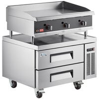 Cooking Performance Group 36N Ultra Series 36" Chrome Plated Natural Gas 3-Burner Countertop Griddle and 36", 2 Drawer Refrigerated Base - 90,000 BTU