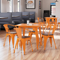 Lancaster Table & Seating Alloy Series 32 inch x 32 inch Orange Dining Height Table with 4 Arm Chairs and Walnut Wooden Seats
